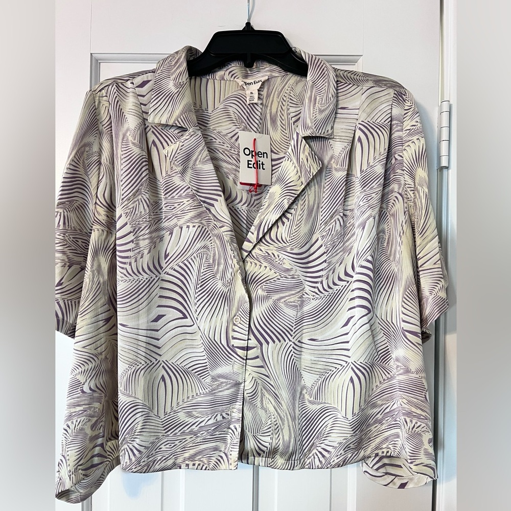 Open Edit Lavender Patterned Short-Sleeve Cropped Shirt